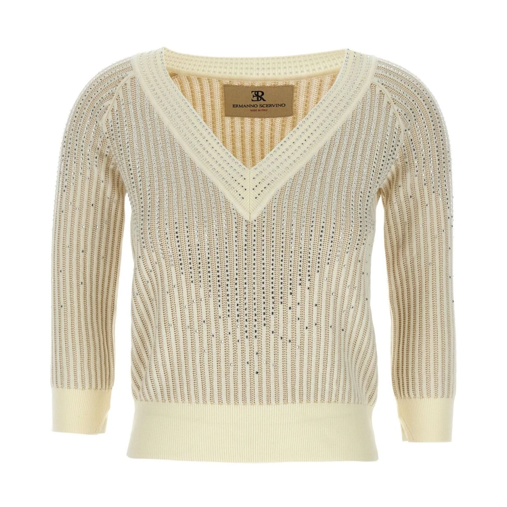 Ermanno Scervino Sweater met Rhinestone V-hals Beige Dames
