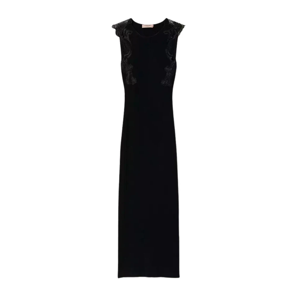 Twinset Lange Gebreide Jurk met Kant Detail Black Dames