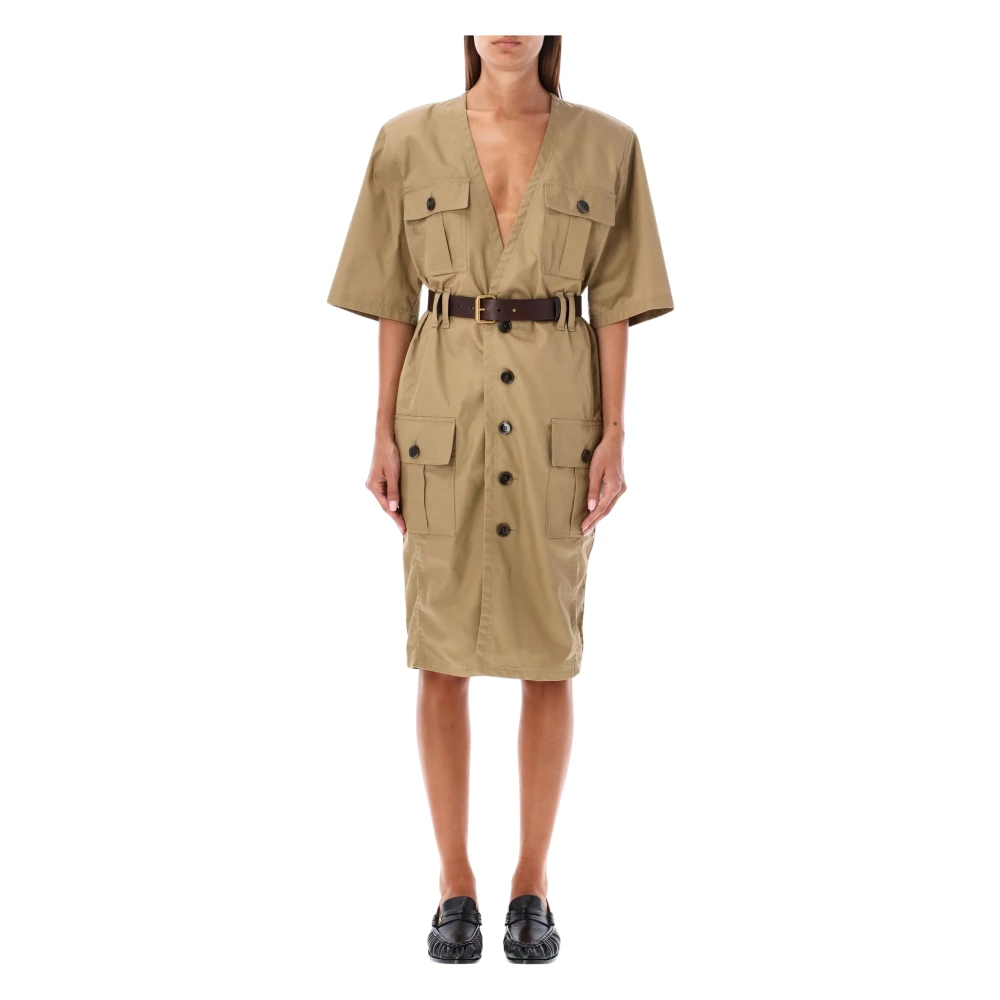 Saint Laurent Beige Midi Jurk met Riem Beige Dames