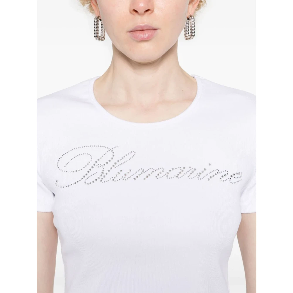 Blumarine Rhinestone Logo Crew Neck T-shirt White Dames
