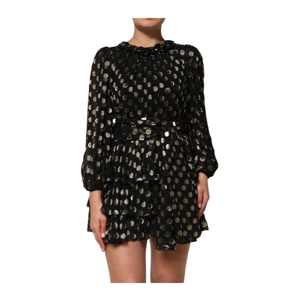 Dolce & Gabbana Women's Black Polka Dot Silk Brocade Mini Dress With Ruffles