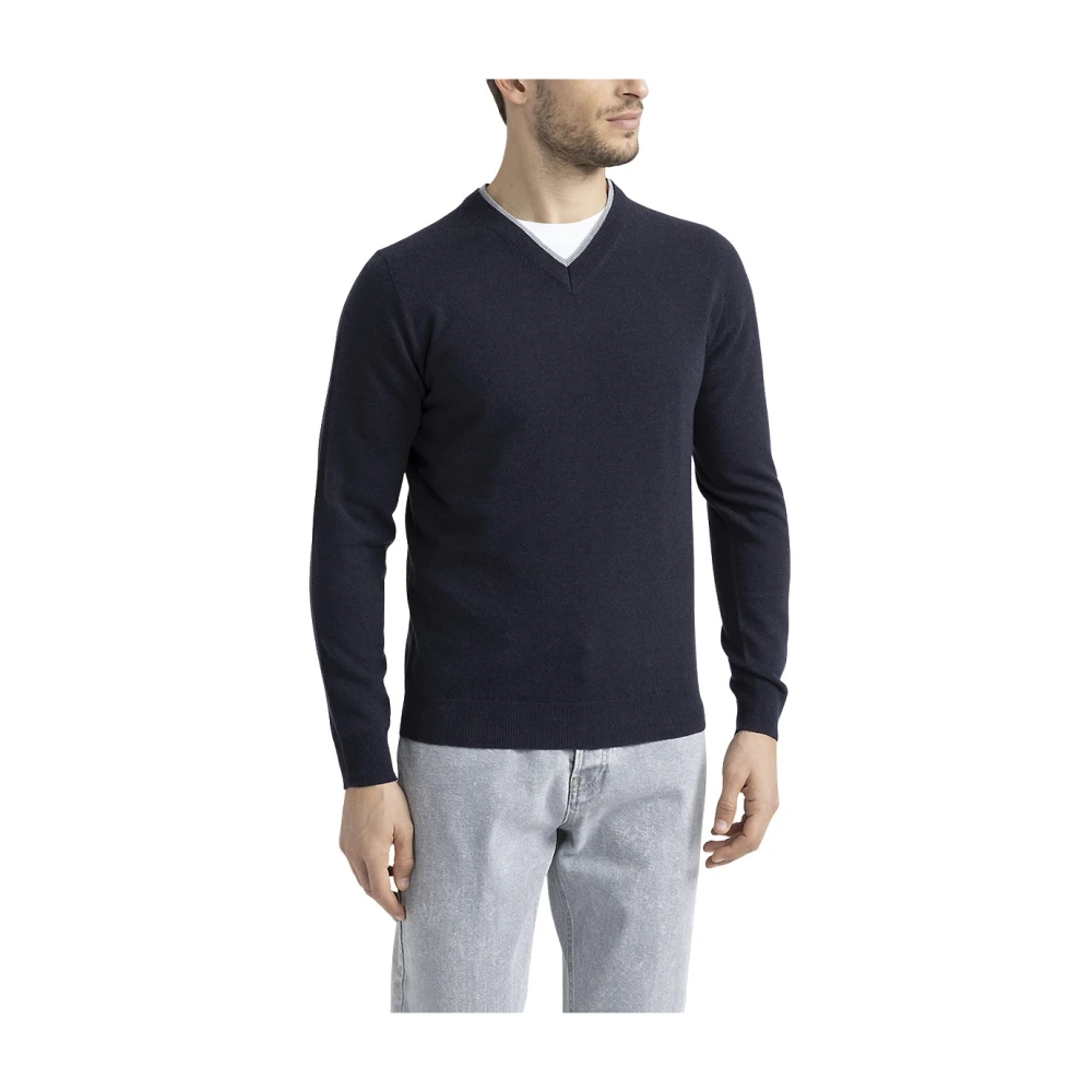PESERICO Wol zijde en kasjmier V-hals trui Blue Heren