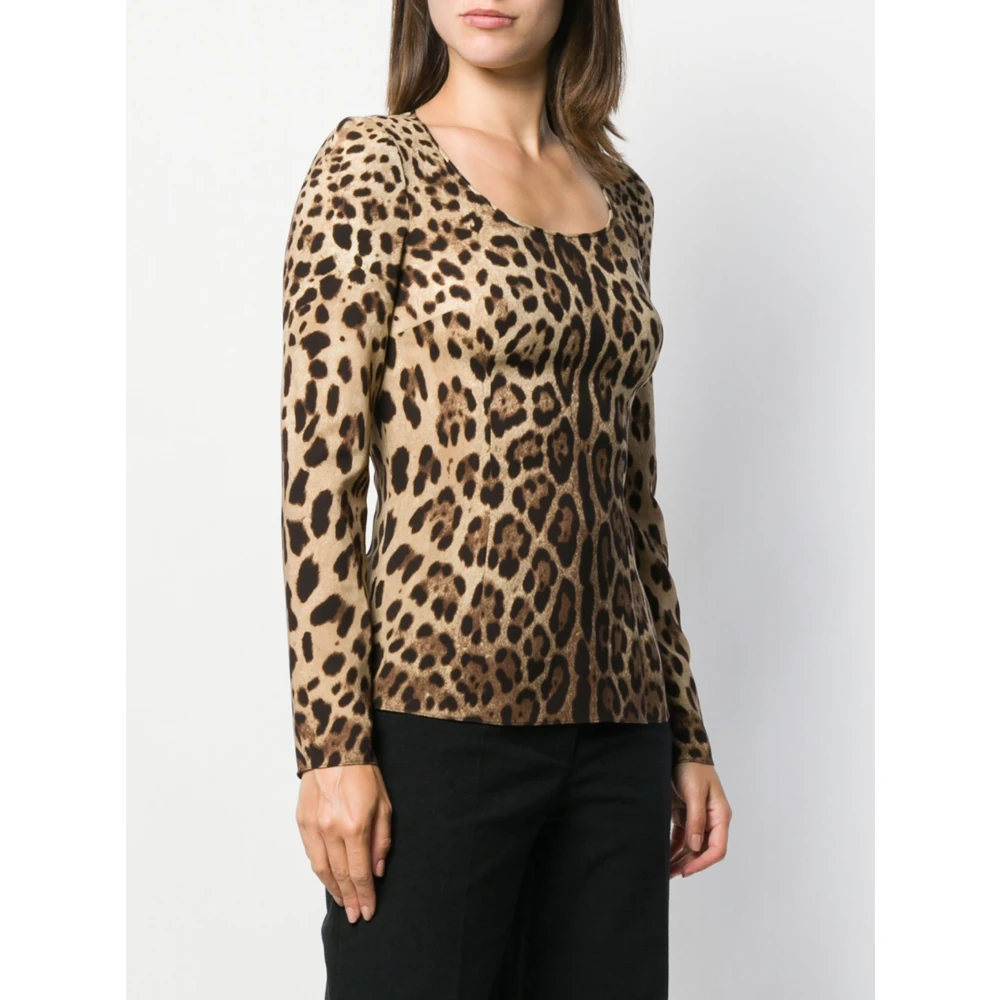 Dolce & Gabbana Luipaardprint Zijden Top Ronde Hals Brown Dames