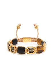 Women's Tiger Eye and Onyx Flatbead Bracelet with CZ Diamonds and Gold Plating