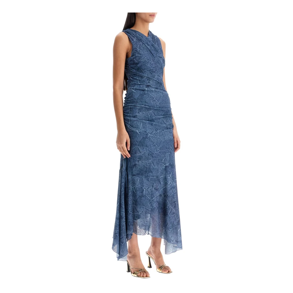 Ganni Denim Mesh Jurk met Ruches Blue Dames