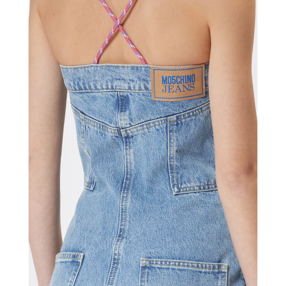 Moschino Denim Cargo Jumpsuit met Roze Trekkoorden Blue Dames
