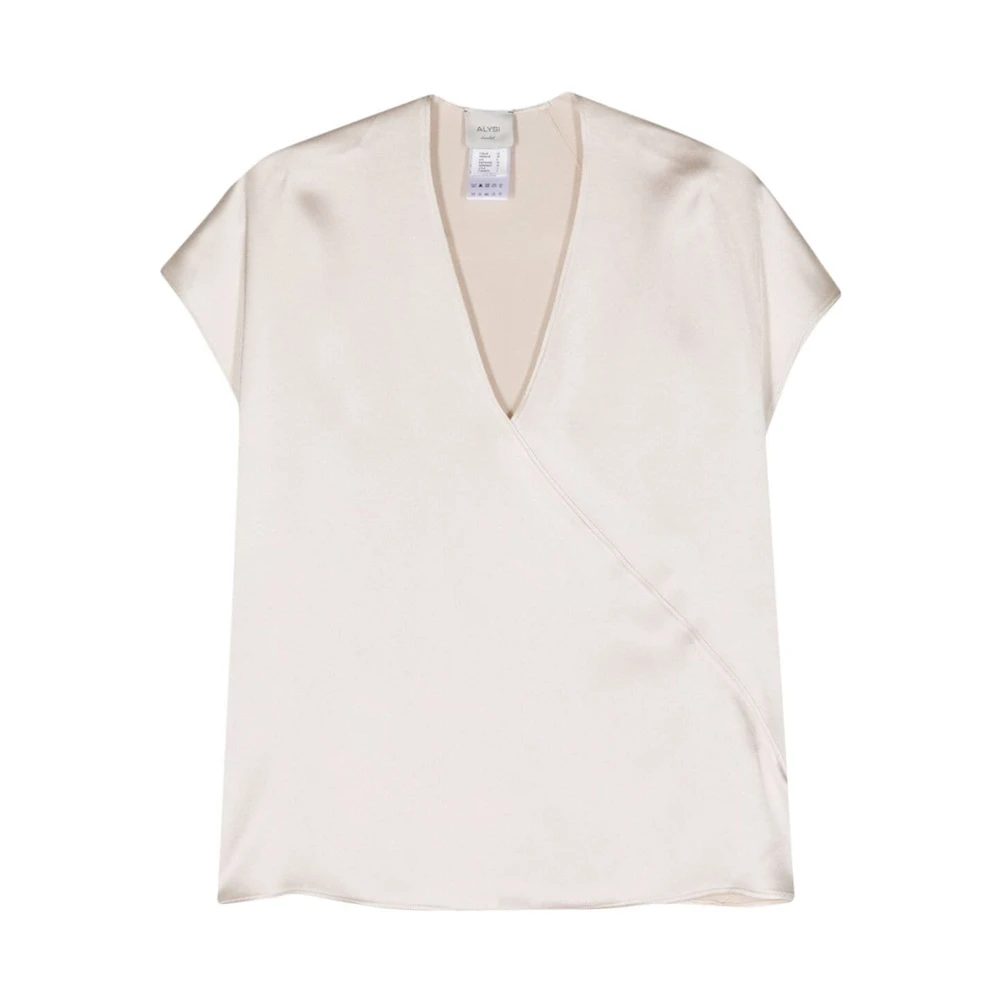 Alysi Crème Satijnen Blouse met Diepe V-hals Beige Dames