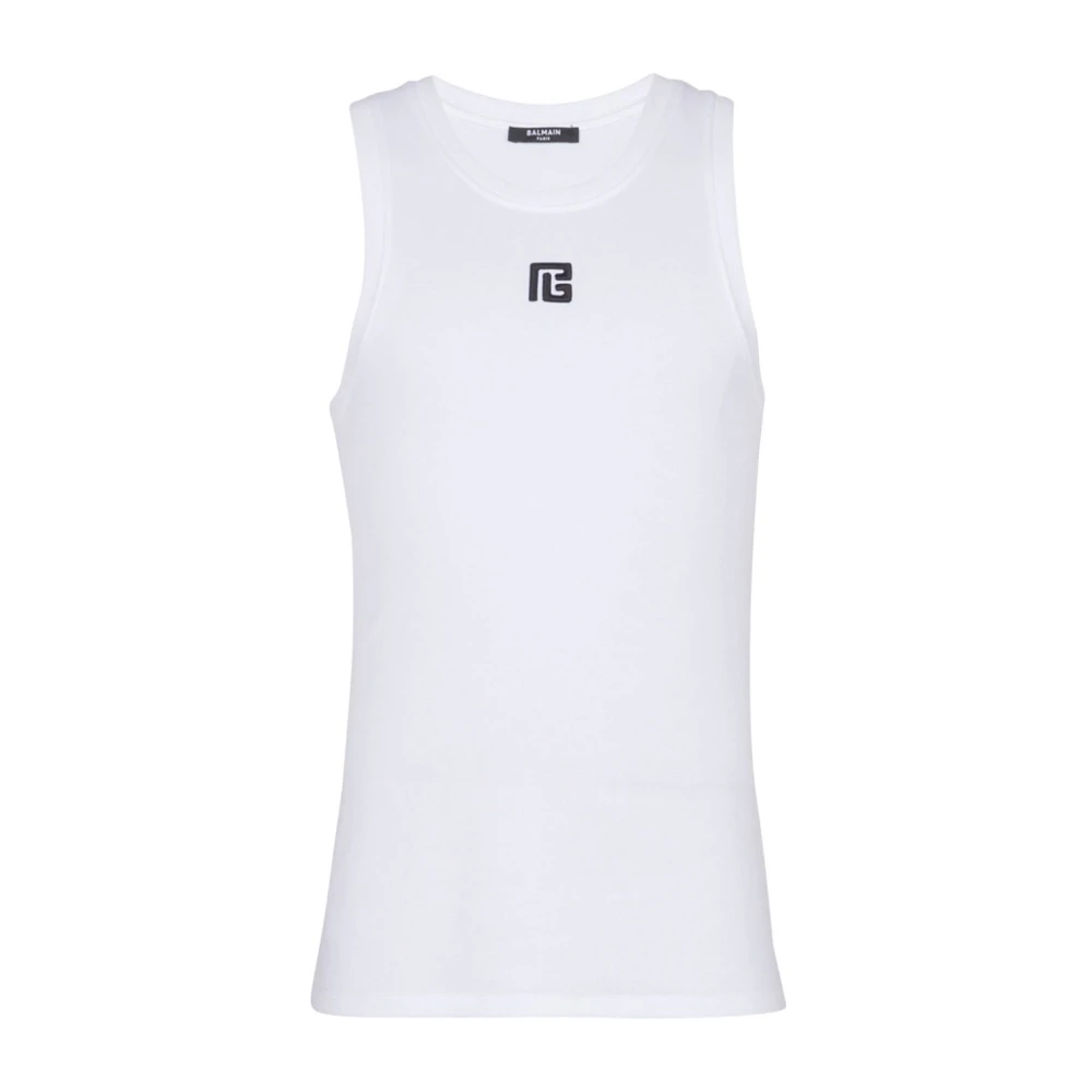 Balmain Vit Jersey Broderad Logotyp Ärmlös Topp White, Herr