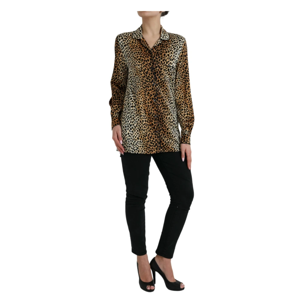 Dolce & Gabbana Elegante Bruine Zijden Blouse met Dierenprint Brown Dames
