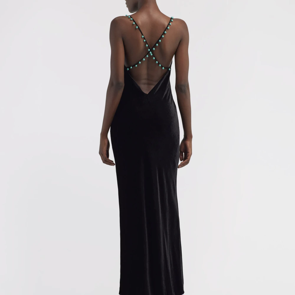 Roberto Cavalli Fluwelen Slip Jurk met Kralenbandjes Black Dames