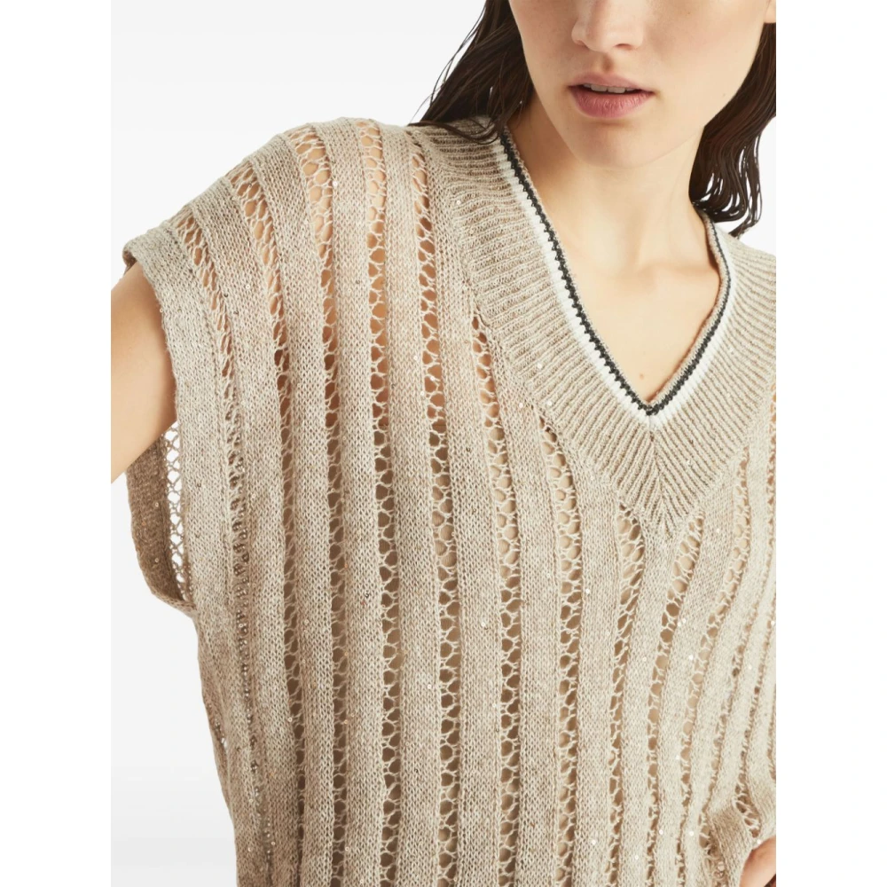 BRUNELLO CUCINELLI Beige Paillet Trui V-Hals Dazzling Gebreid Beige Dames