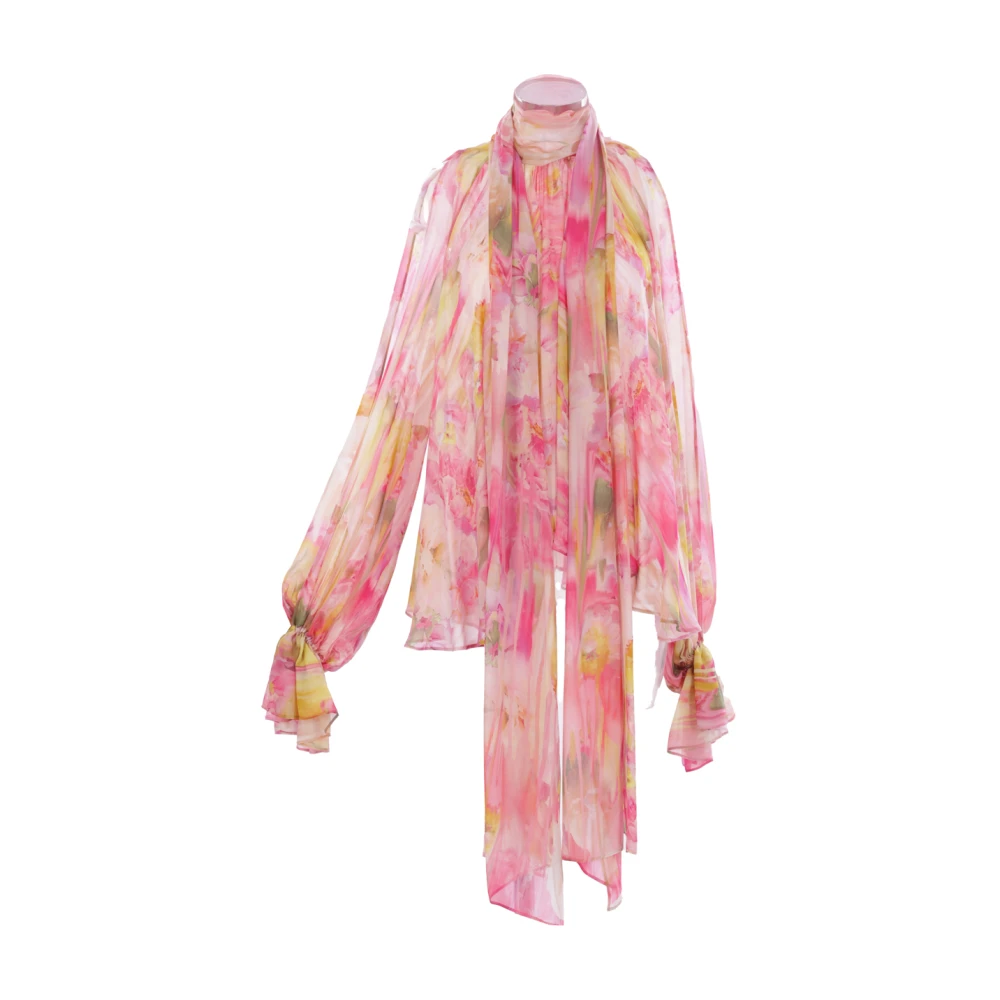 Blumarine Rose Print Georgette Shirt met Cut-Out Mouwen Pink Dames
