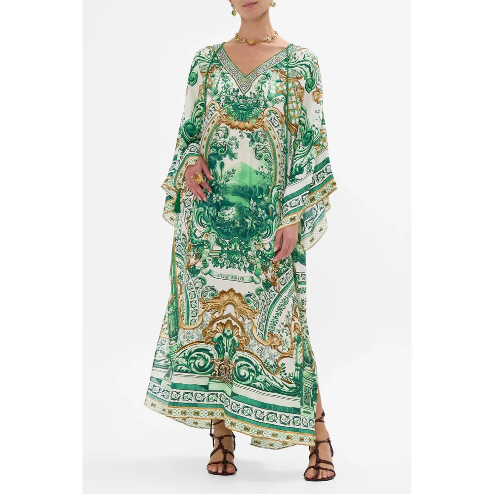 Camilla Zijden V-hals Kaftan met strikjes Green Dames