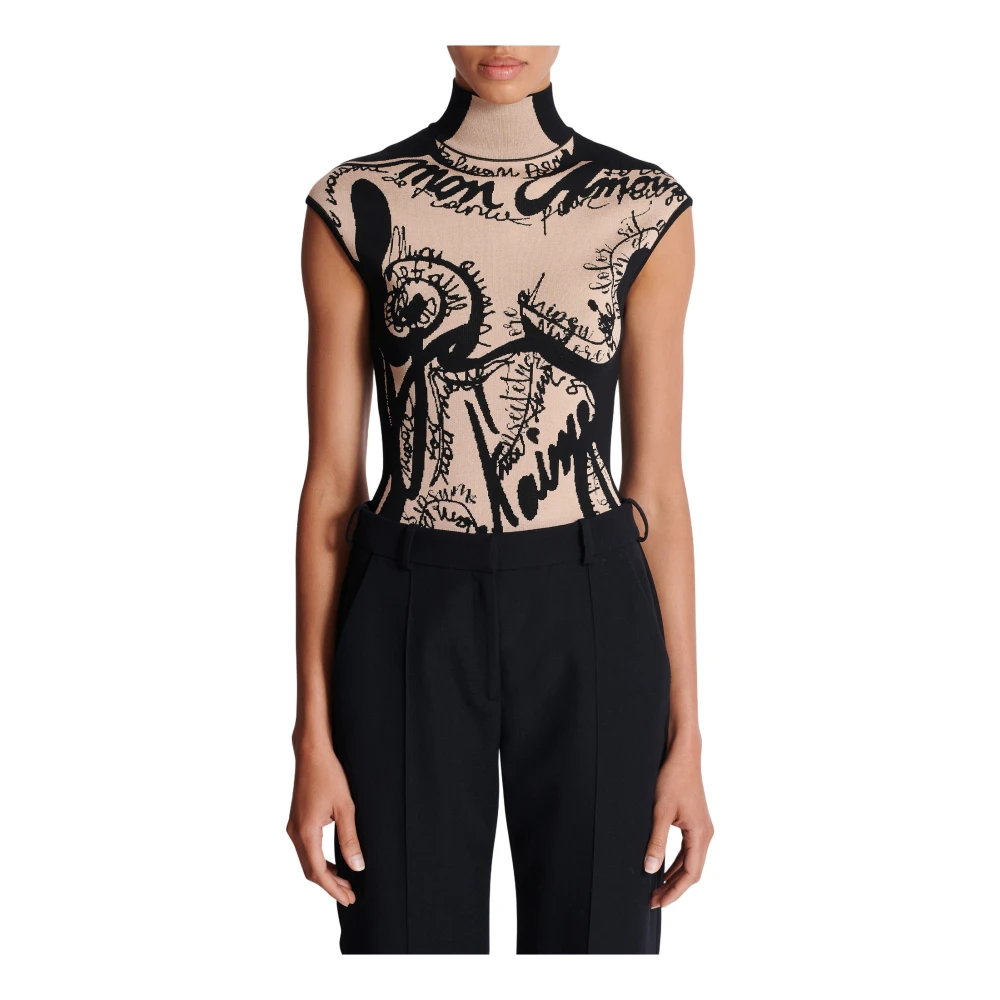 Balmain Jacquard gebreide bodysuit met torso motief Beige Dames