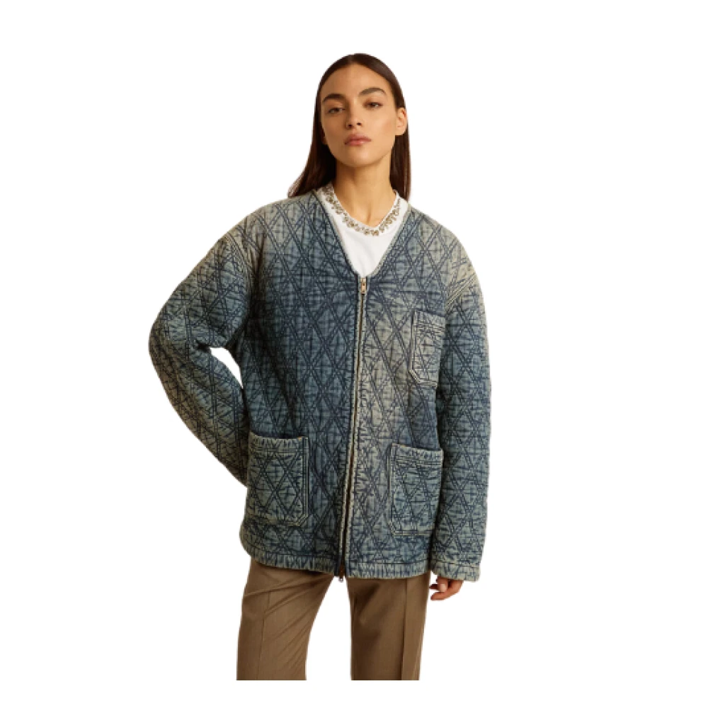 Golden Goose Stonewashed denim gewatteerde jas distressed stijl Blue Dames