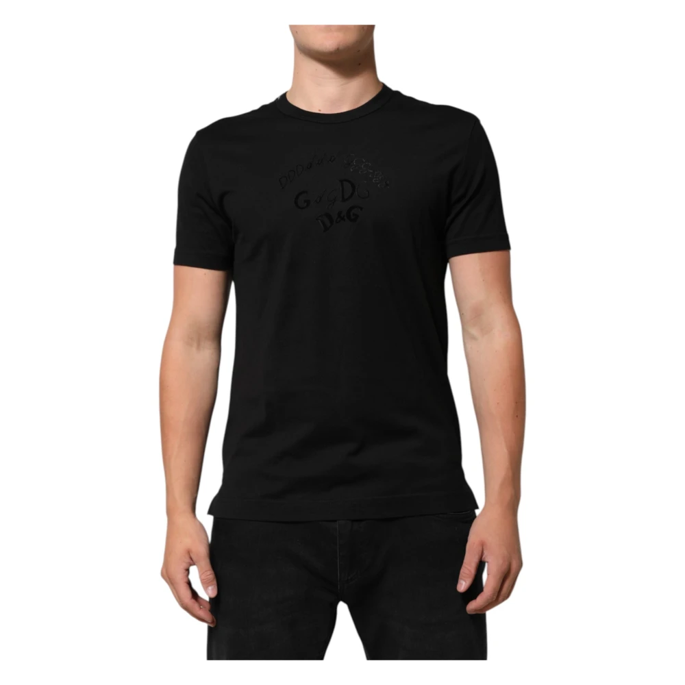 Dolce & Gabbana T-Shirts, Male, S, Cotton Velvet Logo Print Men T-Shirt Black