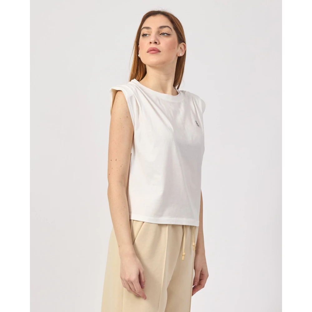 PATRIZIA PEPE Mouwloos Katoenen Logo Print T-shirt Beige Dames