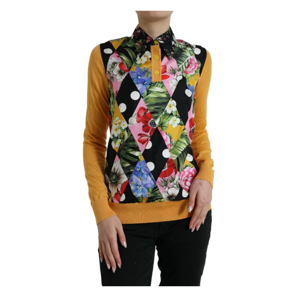 Dolce & Gabbana Women's Multicolor Polo Shirts, 2XS, Elegant Patchwork Henley Silk Blend Jumper