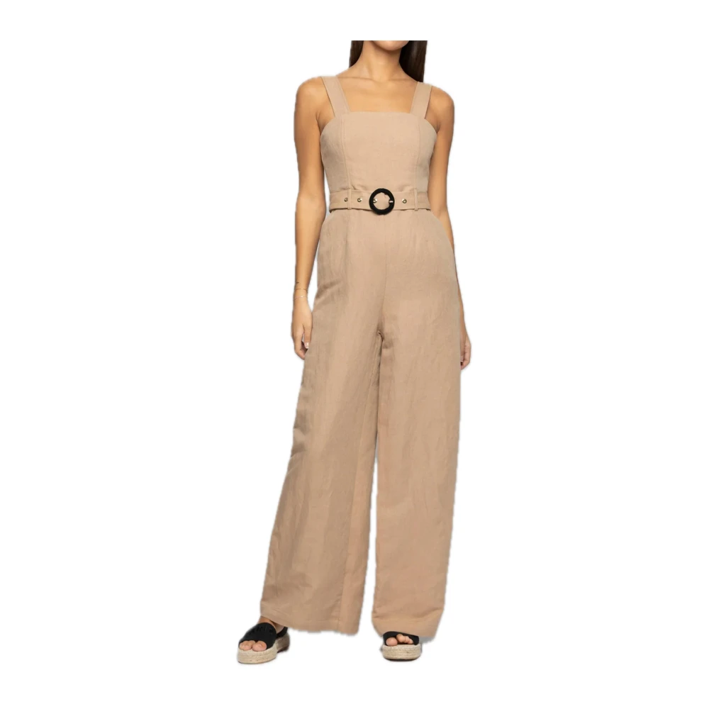 Kocca Linnen Jumpsuit Elastisch Bovenstuk Riem Beige Dames
