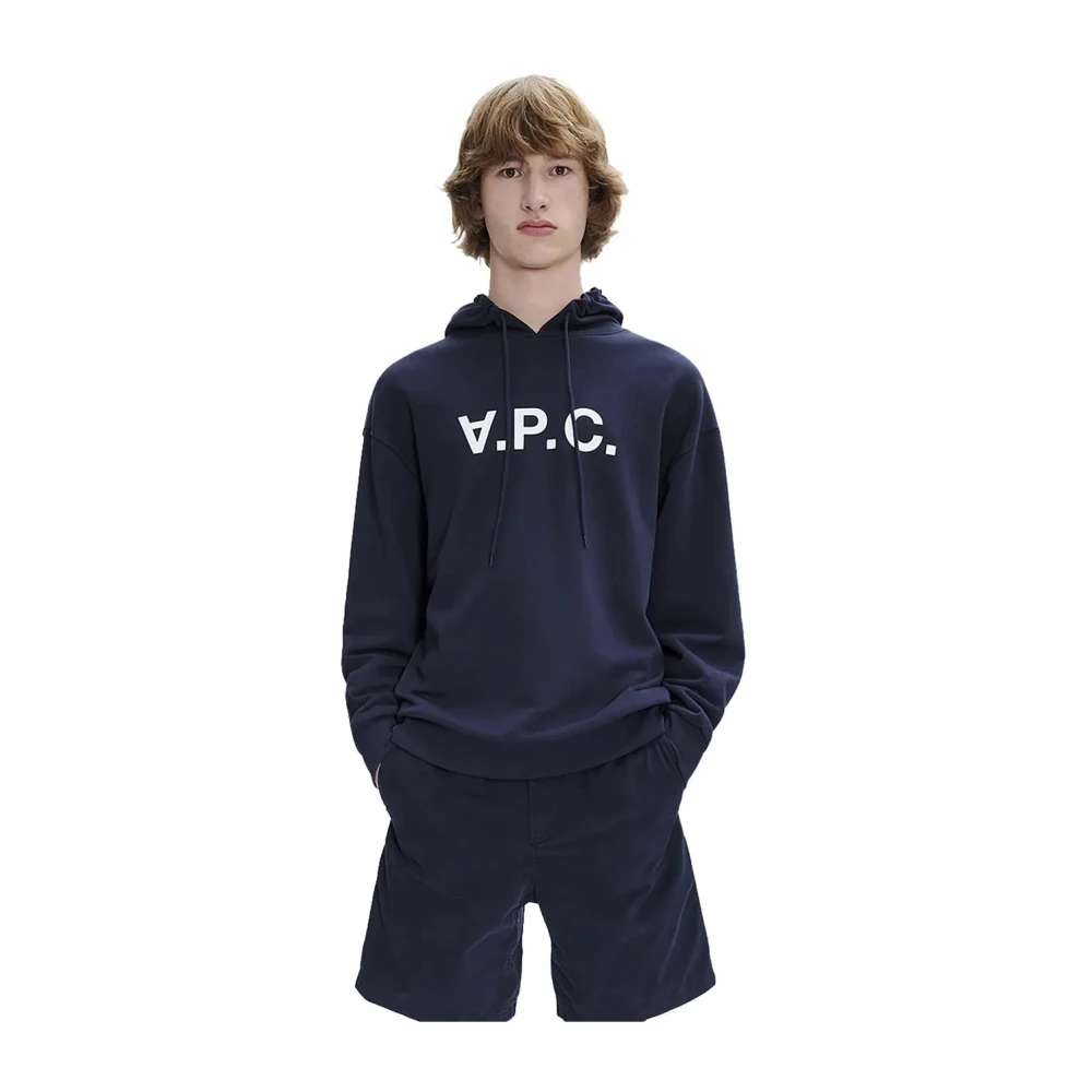 A.p.c. Logo Flocked Hoodie Blue Heren