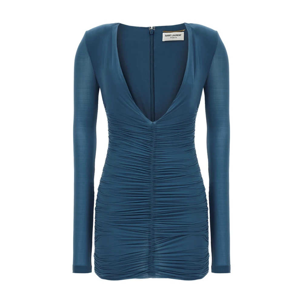 Saint Laurent Cupro Jersey V-Neck Jurk Blue Dames