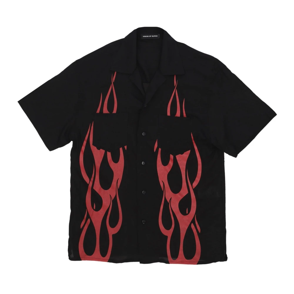 Vision Of Super Men's Black Flames All Over Short Sleeve Shirt