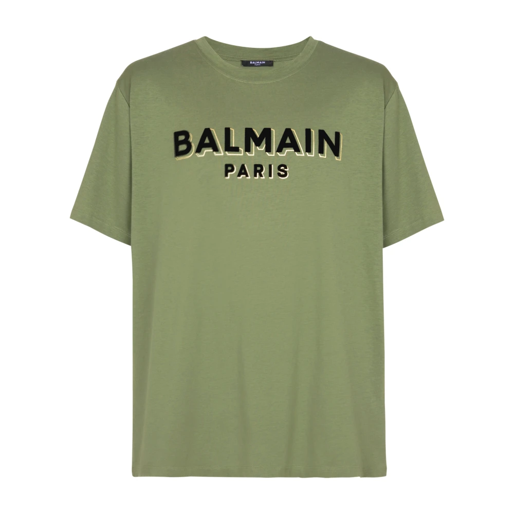 Balmain T-shirt met flock Paris logo Green Heren