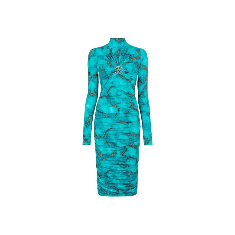 Roberto Cavalli Slang Marmerprint Bodycon Midi Jurk Blue Dames