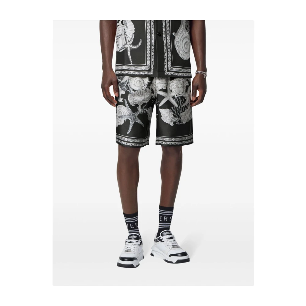 Versace Zwarte Barocco Sea Print Zijden Shorts Black Heren