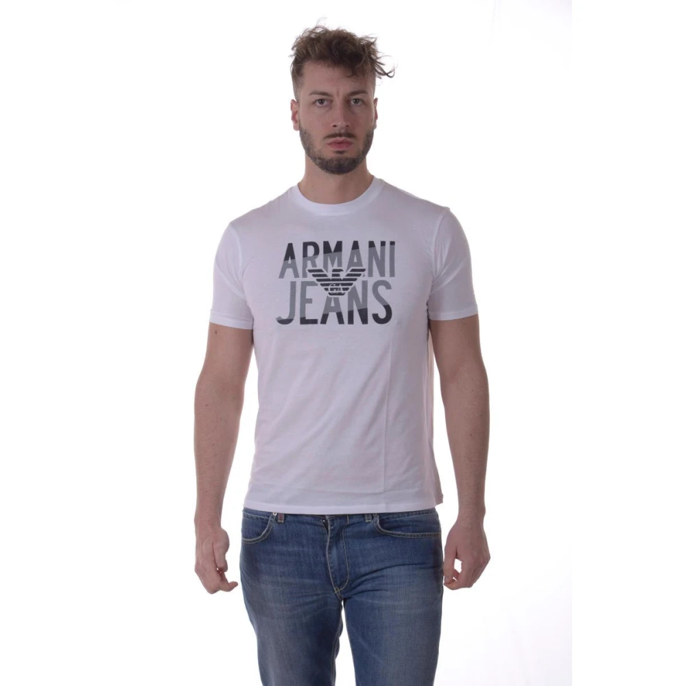 Armani Jeans White T-Shirts, Male, 2XL, Casual Logo Print Sweatshirt