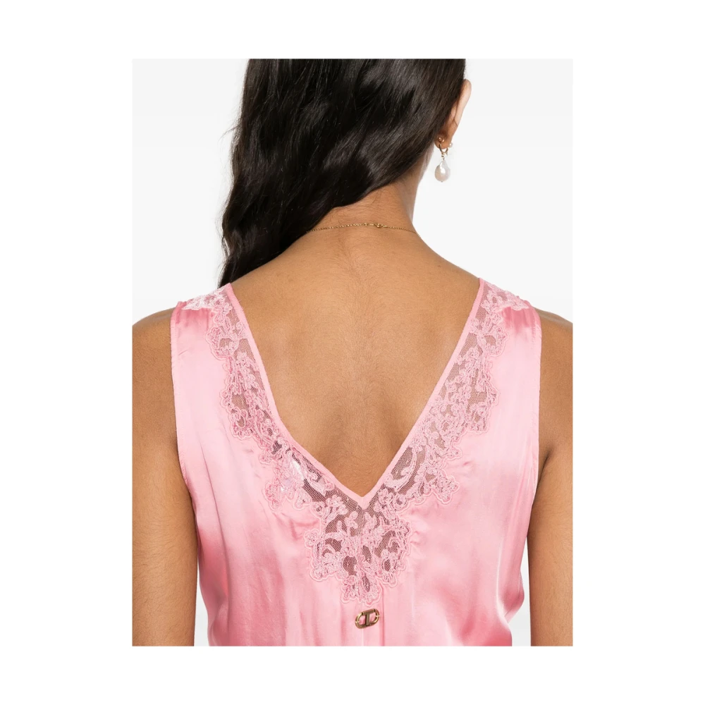 Twinset Flamingo Pink Kant V-Hals Jurk Pink Dames