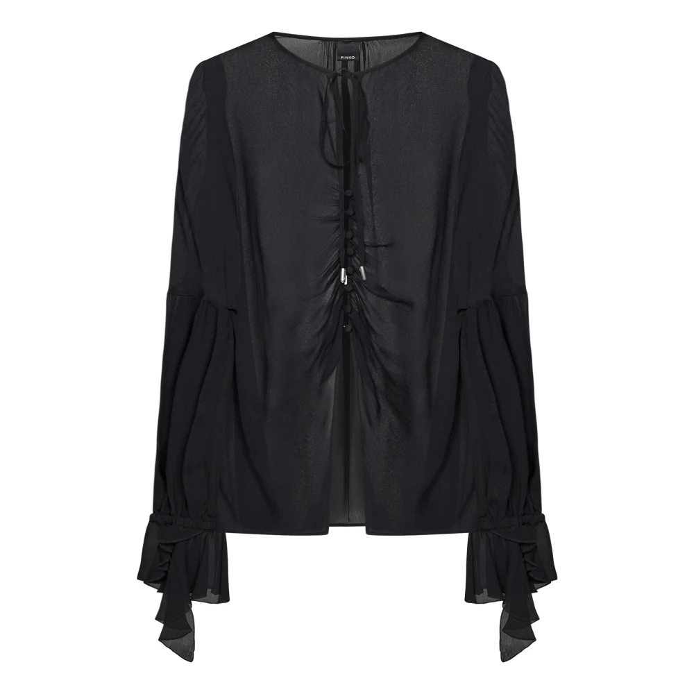 Pinko Women's Black Blouses,, Ruffled Shirt With Tie Fastenings Extra Small