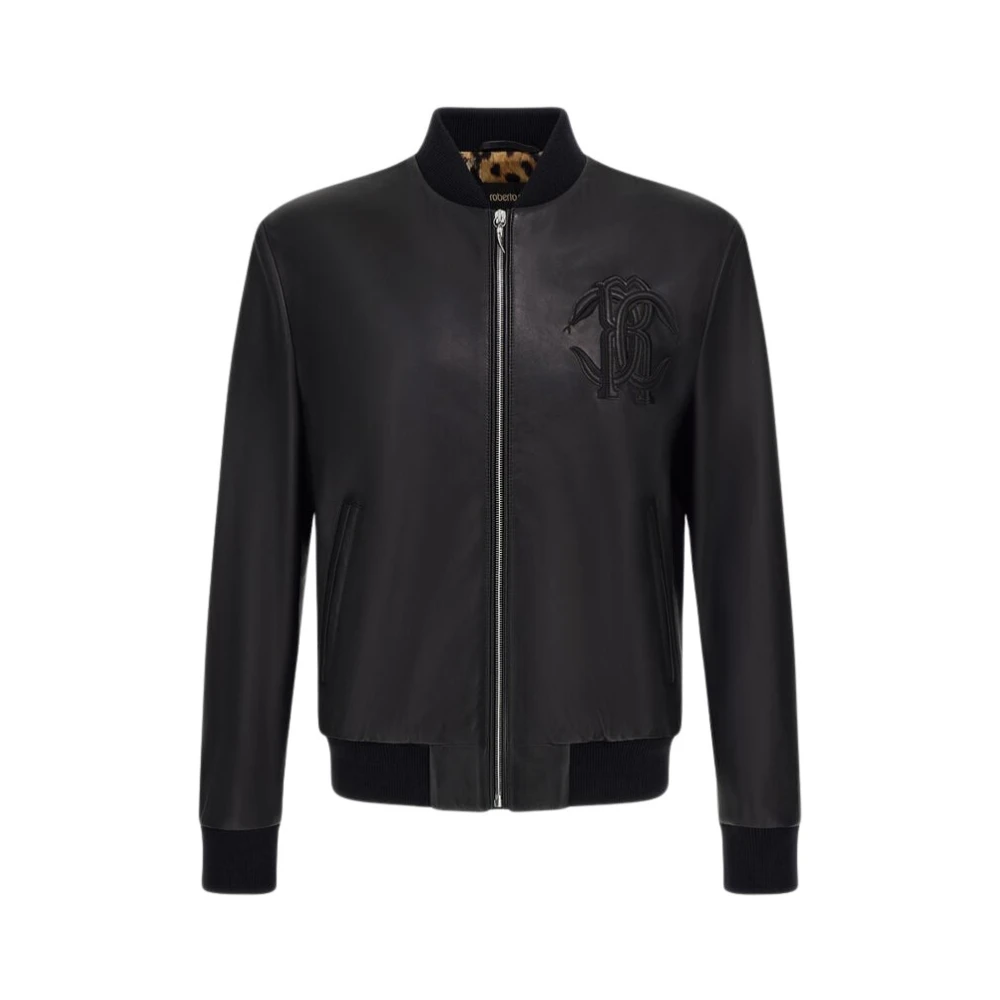 Roberto Cavalli Black Leather Jackets, Male, 2XL, Bomber Leather Jacket Made In Italy