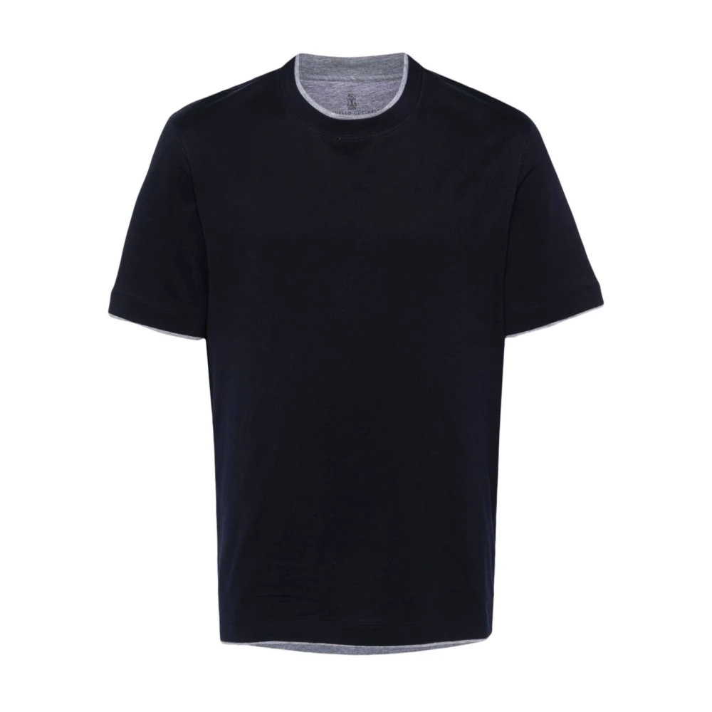 Brunello Cucinelli Blue T-Shirts, Male, 2XL, T-Shirt With Faux-Layering