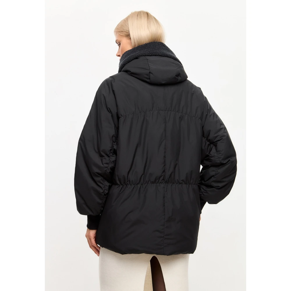 Cesare Gaspari Pufferjack met schapenvacht kraag Zwart Black Dames