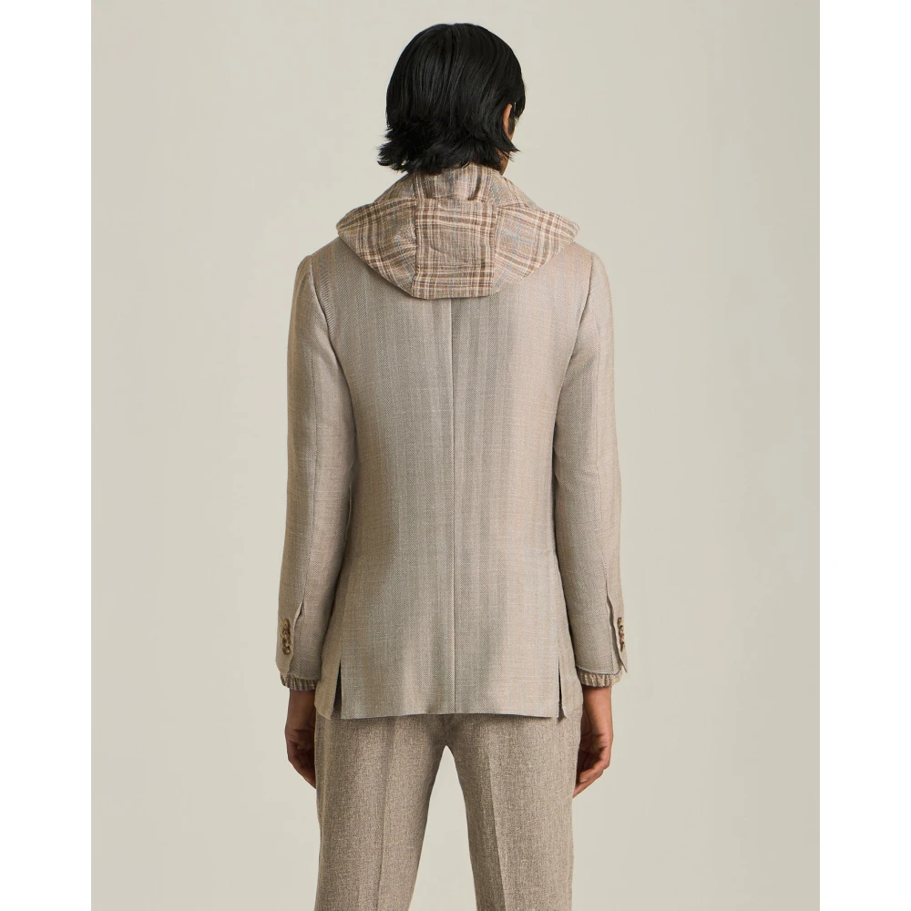 Kiton Herringbone Patroon Cashmere Blend Blazer Beige Heren