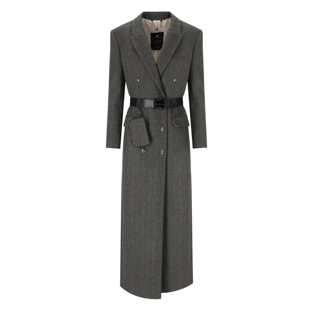 Elisabetta Franchi Taupe Double-Breasted Ceintuurjas Gray Dames