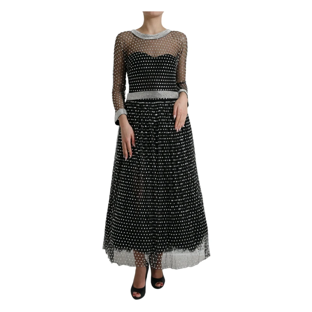 Dolce & Gabbana Elegante Zwarte Kristalversierde Lange Jurk Black Dames