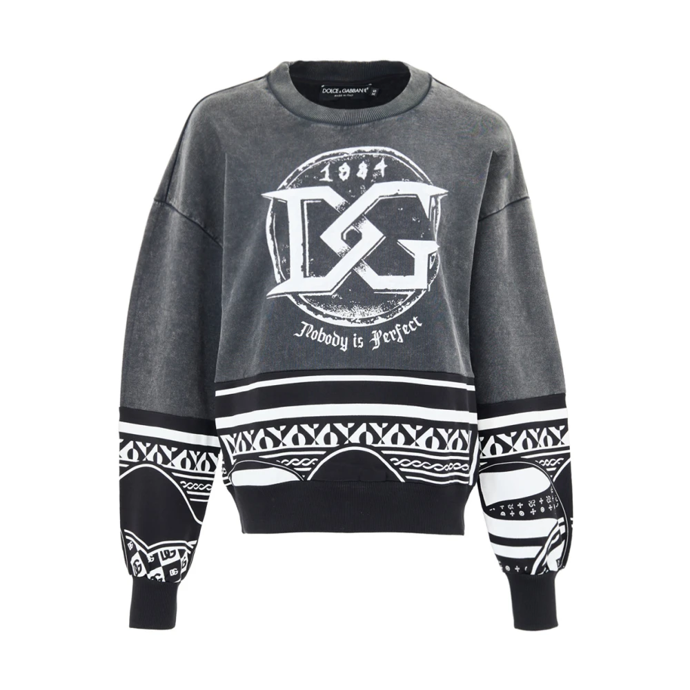 Dolce & Gabbana Men's Black Délavé Sweatshirt With 'Nobody Is Perfect' Print