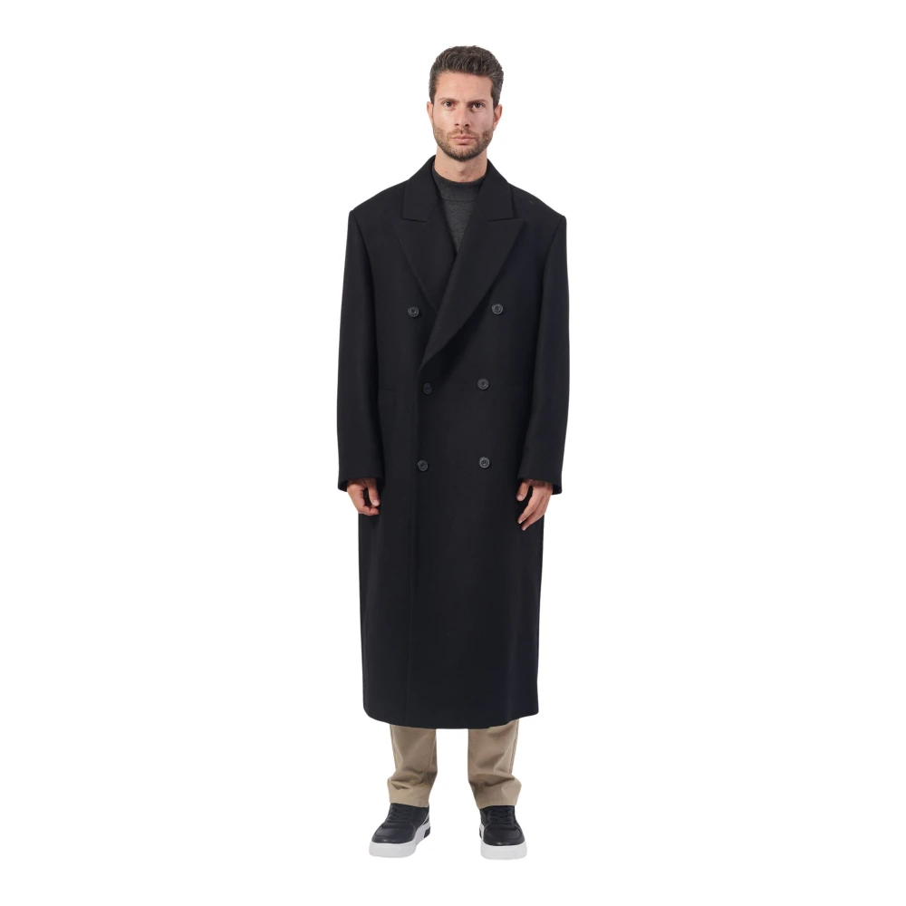 Hugo Boss Zwarte Lange Jas Oversized Wollen Mix Black Heren