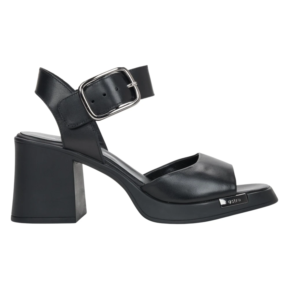 Estro Black High Heel Sandals, Female, 6 Uk, Leather Sandals On Stable Block Heel With Thick Straps