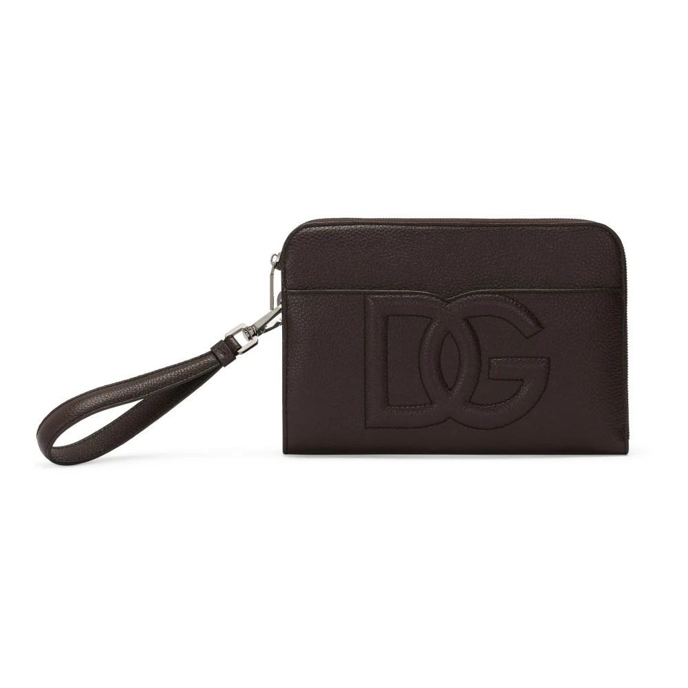 Dolce & Gabbana Geëmbosseerd Logo Marrone Leren Pols Tas Brown