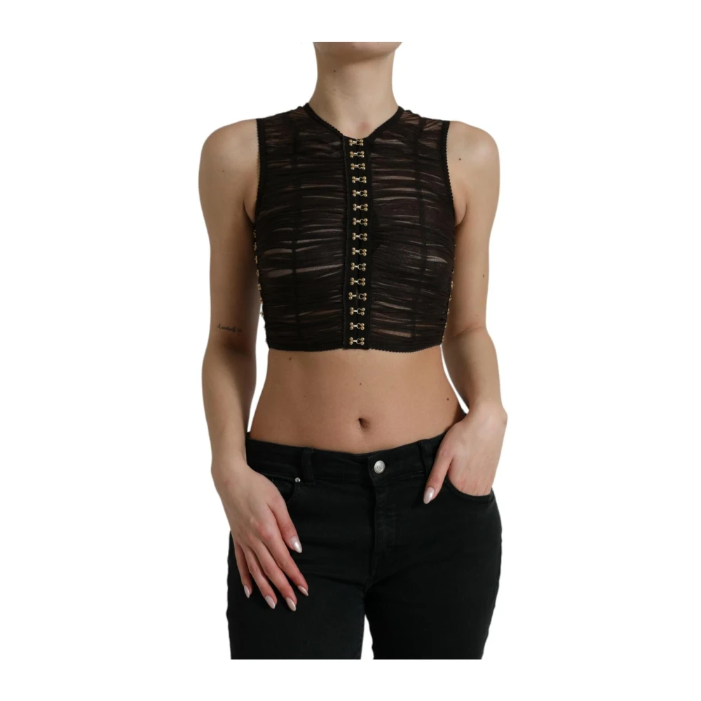 Dolce & Gabbana Women's Black Embellished Mesh Crop Top - Sleeveless Tops - S - Tops