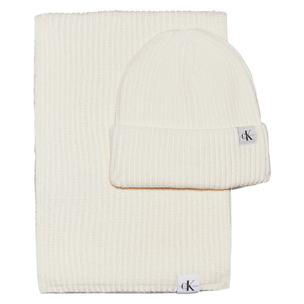 Calvin Klein Women's Beige Monogram Rib Scarf And Beanie Set
