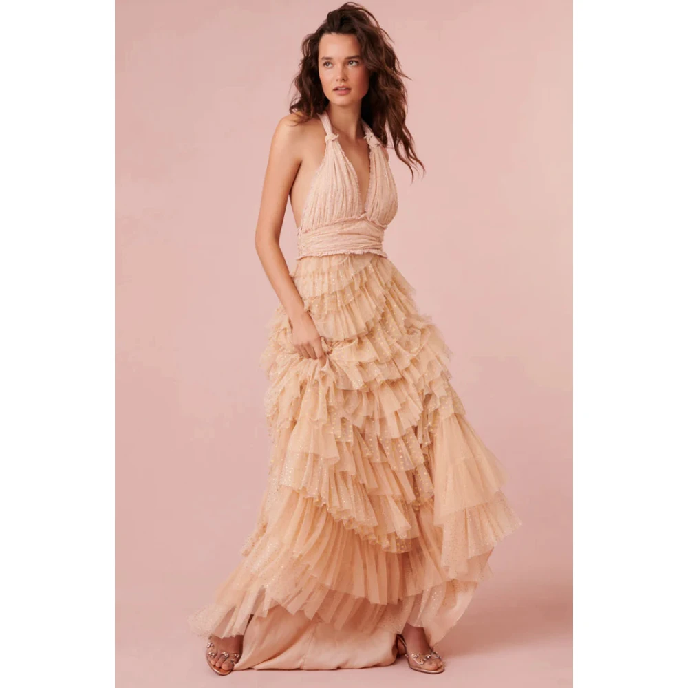 Loveshackfancy Glitter Tulle Halter Maxi Jurk Beige Dames