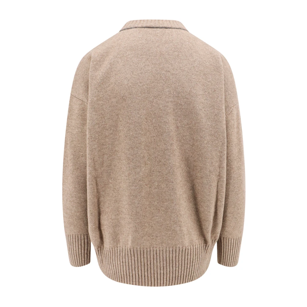 BRUNELLO CUCINELLI Cashmere Crew-Neck Sweater met Monili Detail Beige Dames