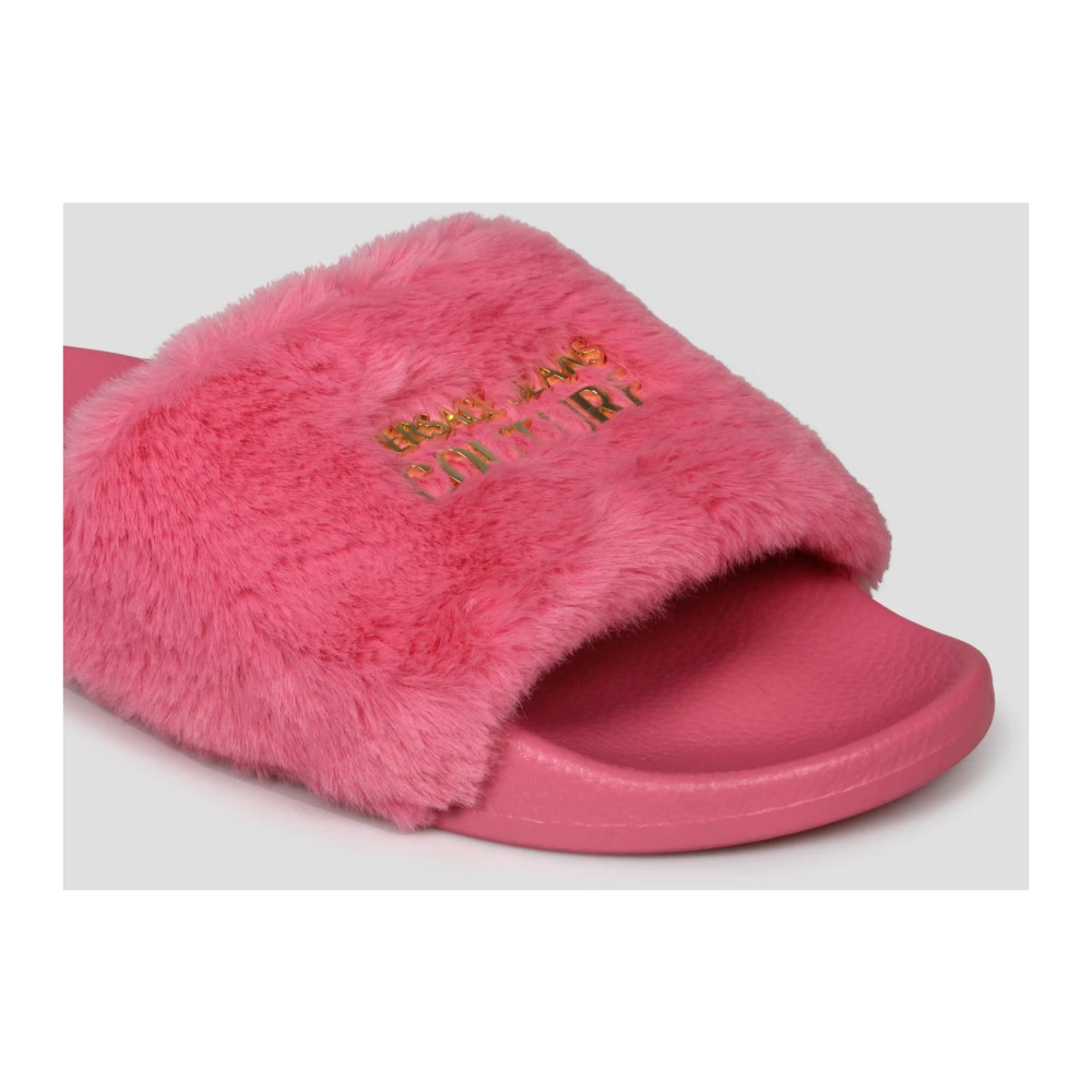 Versace Jeans Couture Faux Fur Slides met Metalen Logo Pink Dames