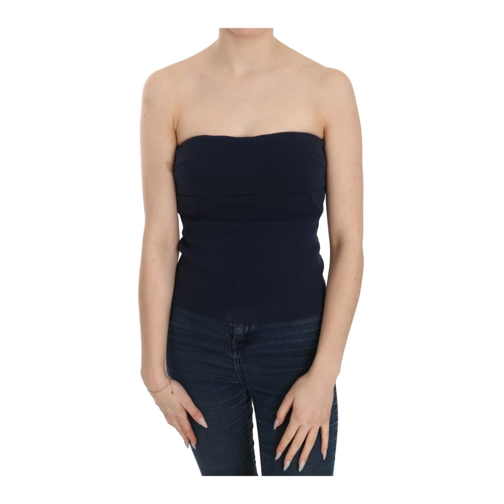 Costume National Blue Sleeveless Tops, Female, 2XS, Strapless Zipper Back Tube Top Blouse