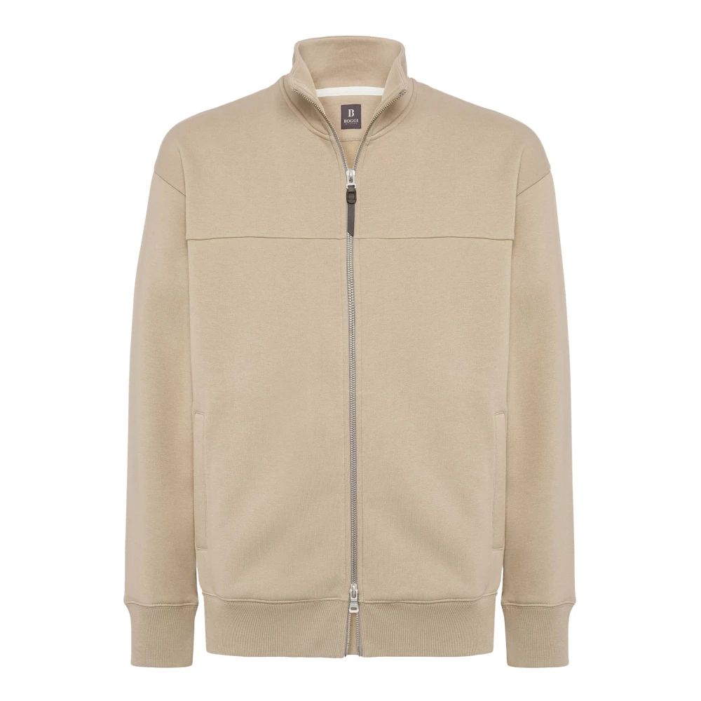Boggi Milano Full Zip Katoenen Mock Polo Neck Sweatshirt Beige Heren