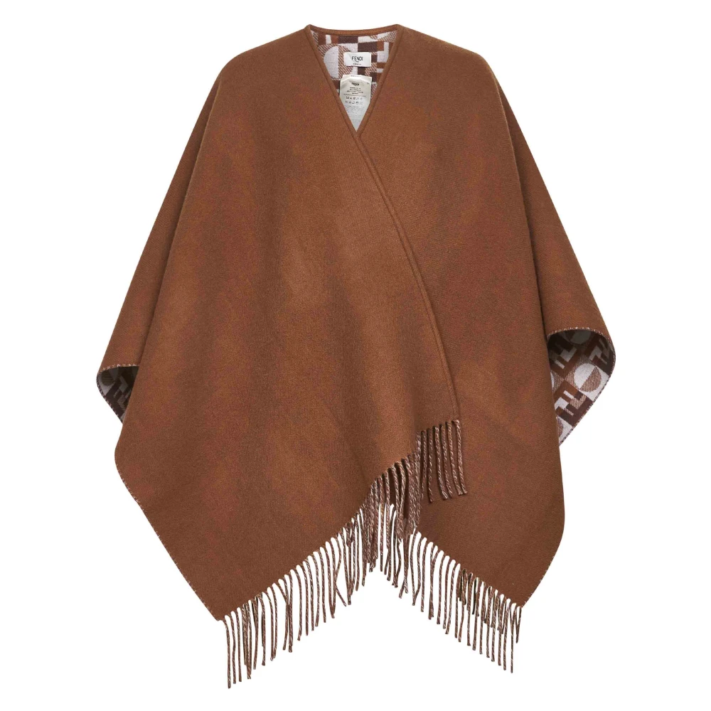 Fendi Vrouw Bruin Jassen Dames, One Size, Wol, Omkeerbare Wollen En Kasjmier Fringed Jacket
